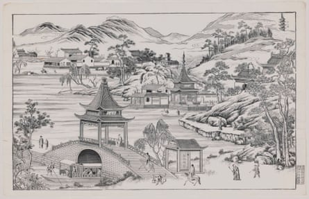 ‘China is not just one entity’: major exhibition aims to showcase unseen diversity 3 Westlake Panorama, mid-1700s. China, Qing dynasty (1644–1911), Qianlong period (1736–95). Woodblock print, ink on paper; printed with three woodblocks in shades of black on four sheets; paper:38 x 59 cm (14 15/16 x 23 1/4 in.); image: 34.5 x 55 cm (13 9/16 x 21 5/8 in.).