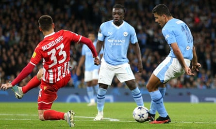 Rodri (right) scores Manchester City’s third goal against Red Star Belgrade.