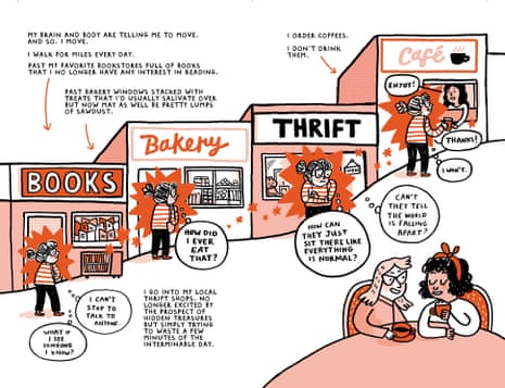 An illustration of a woman walking along a high street with speech bubbles of her thoughts