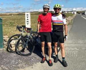 Titans of the tarmac: Ed Marriott and Martin Love start their ‘end to end’ ride in Cornwall, before heading north to John o’Groats