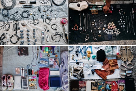 Four images showing small items for sale such as jewellery, coins, books and shoes