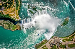 Horseshoe Falls, Niagara Falls, Canada-USNiagara Falls was formed as the Niagara river plunged over an escarpment on its way to the Atlantic Ocean. In a process that continues today, the river eroded layers of soft rock that sat below a harder dolomite caprock. As the soft layers eroded, great chunks of the caprock gave way, leaving a vertical cliff face.