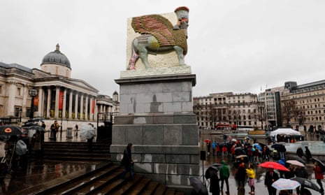 More than a mere sleight of hand … Michael Rakowitz’s fourth plinth sculpture, installed in London’s Trafalgar Square, is made of more than 10,500 tin cans.