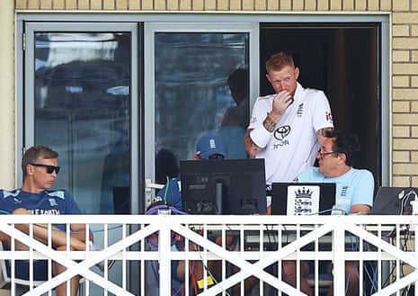 Ben Stokes of England looks dejected on the balcony after losing his wicket.