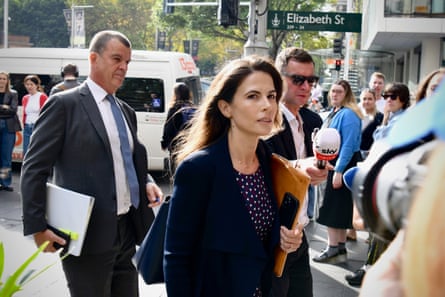 Ben Roberts-Smith’s legal team, headed by solicitor Karen Espiner (centre), arrive at the Downing Centre local court