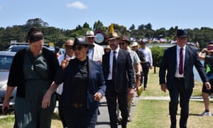 Labour Maori MPs and Treaty Negotiations Minister Andrew Little (centre) head to Te Tii Marae for talks with Maori leaders.