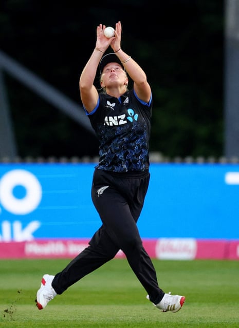 New Zealand's Izzy Sharp takes a catch to dismiss England's Sophia Dunkley off the bowling of Jess Kerr.
