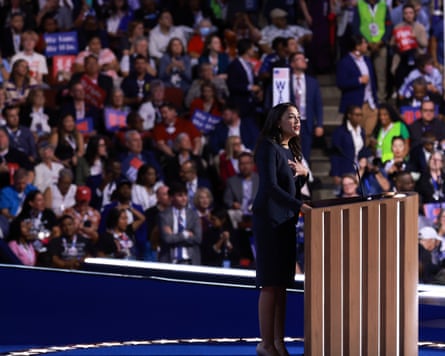 Ocasio-Cortez speaks during the Democratic national convention in August 2024.