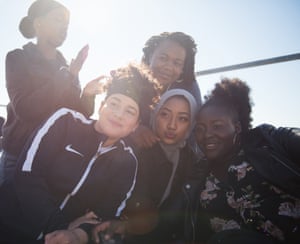 In a scene from Rocks (left to right): Kosar Ali, Anastasia Dymitrow, Bukky Bakray behind Tawheda Begum (in headscarf ) and Afi Okaidja