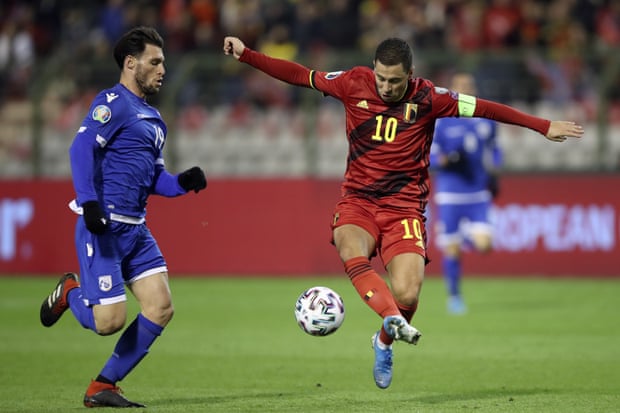 Belgium’s Eden Hazard controls the ball in front of Cyprus’ Christoforou Kypros during the Euro 2020 qualifier in November 2019.