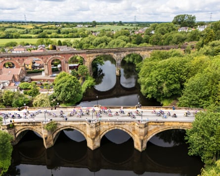 Riders cross the River Tees near Yarm on the road from Hartlepool to Saltburn.
