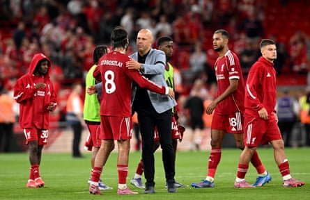 Arne Slot congratulates his players after Liverpool’s win against Bournemouth