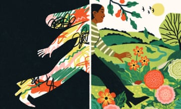 A composite image in two parts. On the left is a dark background with woman walking, her clothes are covered in squiggles. On the right she is walking into a bright field of flowers