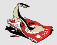 Illustration of beige high-heeled sandal rests on a crumpled red sports flag on the ground