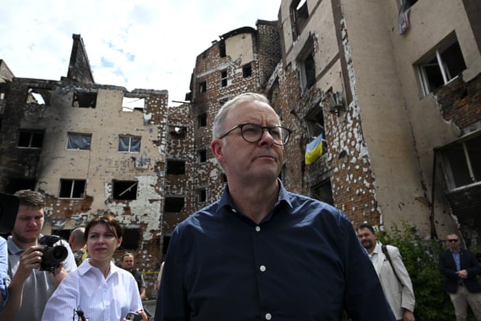 Anthony Albanese tours damaged residential areas in Irpin on the outskirts of Kyiv, Ukraine.