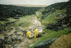 A hazardous waste landfill in the US, 1986. The site is a failed experiment in the co-disposal of liquid hazardous waste and municipal waste. The municipal waste was supposed to absorb the liquids but it did not work and hazardous liquids seeped out. Tires were placed on top of everything to hide the seepage. A liquid collection system was installed in the 1990s and the tires were removed and the site capped.