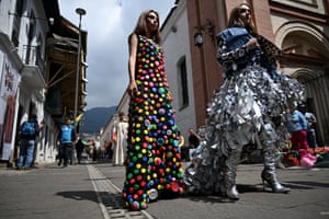 Models present garments made with recycled material and usable waste