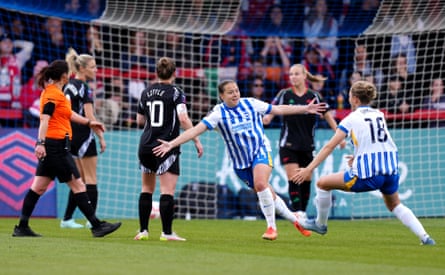 Fran Kirby celebrates scoring during Brighton’s 4-2 home win over Arsenal in May.