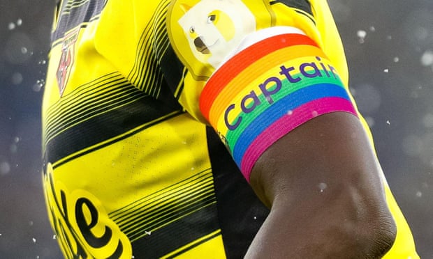 Watford captain Moussa Sissoko's armband in support of the Rainbow Laces Pride campaign