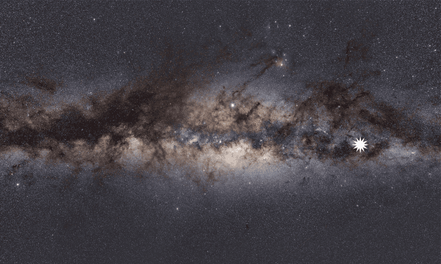 This image shows the Milky Way as viewed from Earth. The star icon shows the position of the mysterious repeating transient