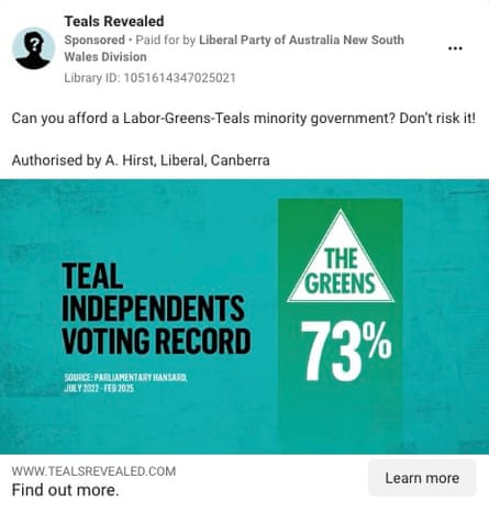 Captura de tela de um anúncio do Partido Liberal Running através da página de Teals revelou o Facebook