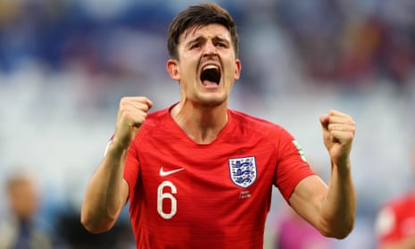 Harry Maguire celebrates England knocking out Sweden in the quarter-finals of the World Cup.