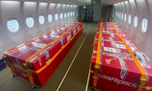 Boxes containing 30,000 doses of the Sputnik Light vaccine at Zhukovsky airport in Russia before being sent as humanitarian aid to Laos.