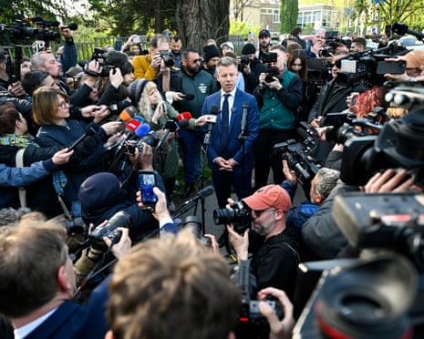 Chair of the opposition Tisza Party, Péter Magyar talks to media after casting his vote at a polling station during the general election in Budapest, Hungary.