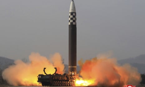 This photograph distributed by North Korea’s government shows what it says a test-fire of a Hwasong-17 intercontinental ballistic missile at an undisclosed location in the country in March.