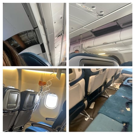 Vier Fotos von kleineren Flugzeugschäden und eingesetzten Sauerstoffmasken