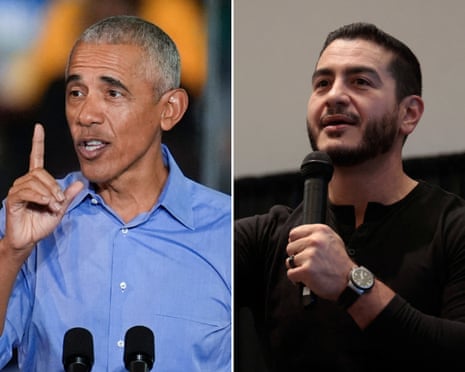 Barack Obama gestures while speaking; Abdul El-Sayed speaks into a handheld microphone