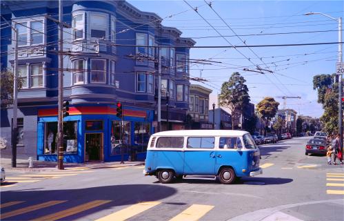 Ragtime for the Flower Child, Haight and Ashbury, San Francisco San Francisco was a place I knew only from the movies and music side of things. I walked up to the Haight to see if I could find the spirit of ‘67. A girl played acoustic guitar on the pavement; she looked like Sissy Spacek in Badlands . A woman in a Kombi crossed the intersection before a man holding a walkie-talkie called “Cut!!” It was all just a scene in a movie. The people I’d seen were actors. It was an Indy film being shot in San Fran. People worked on it for “points,” ie it was un-waged.