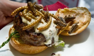 A grasshopper burger topped with dried grasshoppers and mealworms at a Pestaurant event in Washington, DC, US
