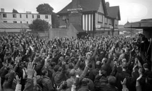 Southampton dockers vote no to moving perishable cargos with a show of hands during the national dockers strike over pay, 27 July 1970.