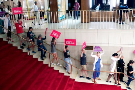 Abortion rights protesters on 16 May 2023, in Raleigh, North Carolina, after state house members voted to override the governor’s abortion-ban veto.