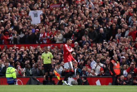 Manchester United's Casemiro gestures to the fans as he is substituted.