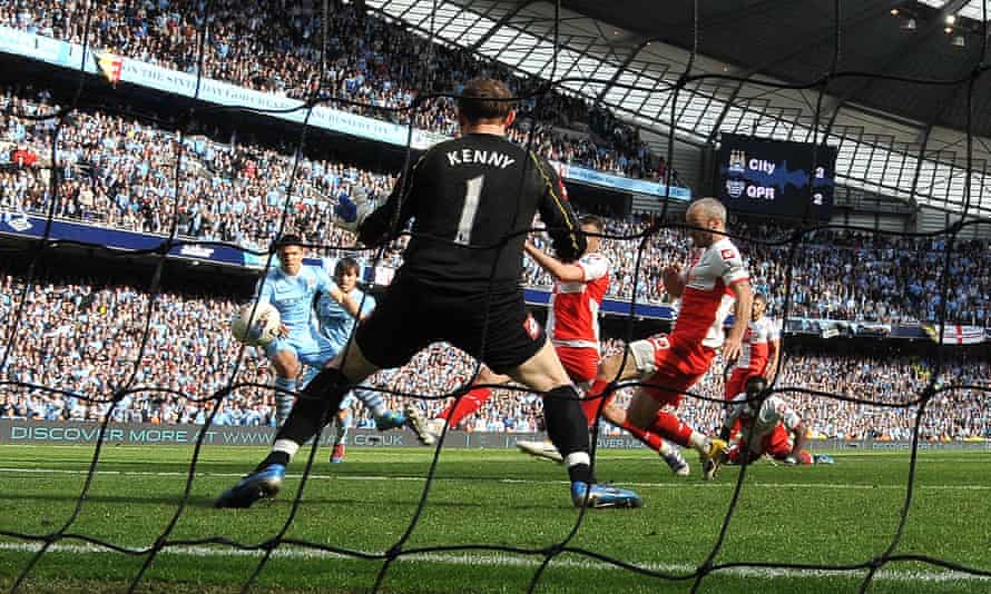 Sergio Agüero scores his famous title-winning goal against QPR in 2012.