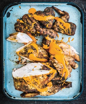 ‘There is a primal pleasure in live fire cooking’: whole barbecued chicken.