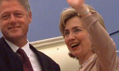 Hillary Clinton and her husband wave from Air Force One at the Beijing airport in 1998.