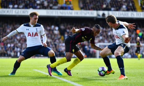 Christian Eriksen, left, and Jan Vertonghen deny Raheem Sterling the opportunity to turn during Tottenham Hotspur’s fine victory over Manchester City.