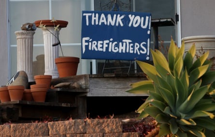 Wildfires in California, USA - 14 Dec 2017Mandatory Credit: Photo by Rob Varela/SB News-Press via ZUMA Wire/REX/Shutterstock (9293793a) A sign thanking firefighters sits in the front yard of a house on Foothill Road at Hillmont Street Thursday. Several houses were destroyed by the Thomas Fire in the hillsides nearby. Wildfires in California, USA - 14 Dec 2017