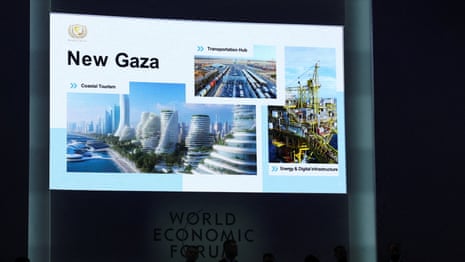 A slide titled “New Gaza” is seen on a screen during an event announcing the charter for Trump’s Board of Peace initiative.