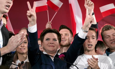 Beata Szydło, the Law and Justice candidate for prime minister in the parliamentary election, in high spirits at a party convention.