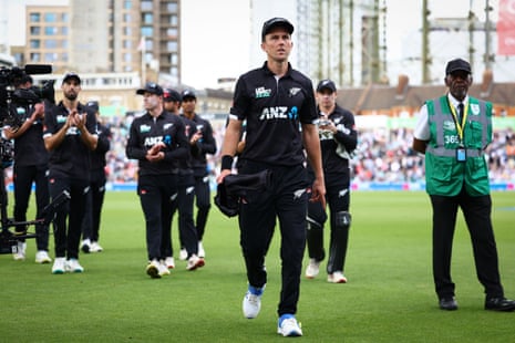 Trent Boult of New Zealand walks off after taking 5 wickets in the England v New Zealand 3rd One Day International.