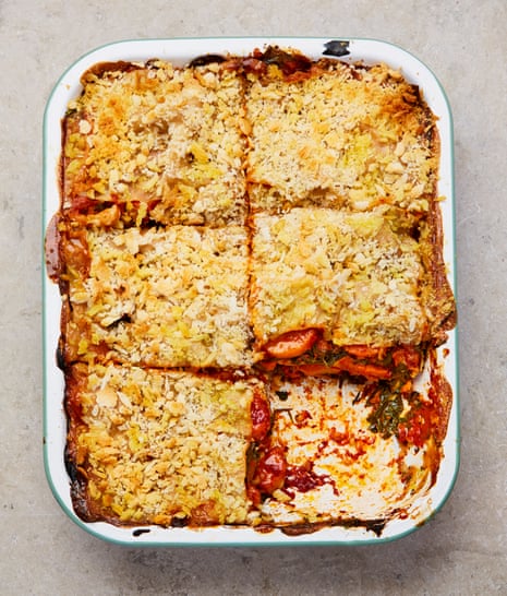 Baked pasta with miso, sweet potato and spinach.