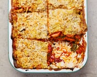 Baked pasta with sweet potato, spinach and miso, topped with golden crumbs