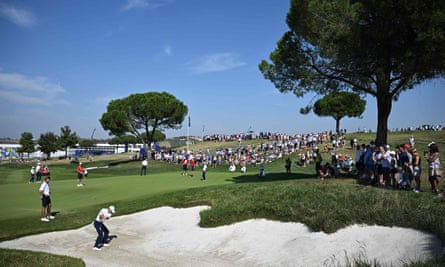 Scottie Scheffler plays from a bunker on the 10th during practice.