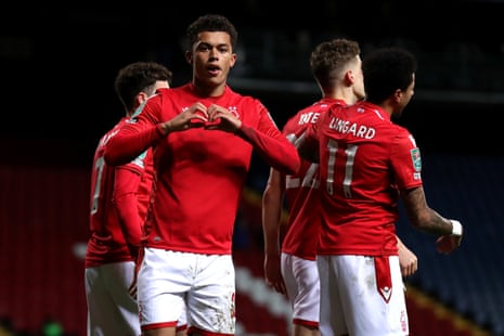 Brennan Johnson of Nottingham Forest celebrates after scoring his team's first goal.