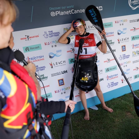 Jessica Fox of Australia gives an interview in the “kiss and cry” tent after winning gold in the women’s kayak final.