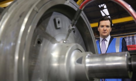Britain's Chancellor of the Exchequer George Osborne tours a factory of train wheel manufacturers Lucchini UK, at Trafford Park in Manchester.